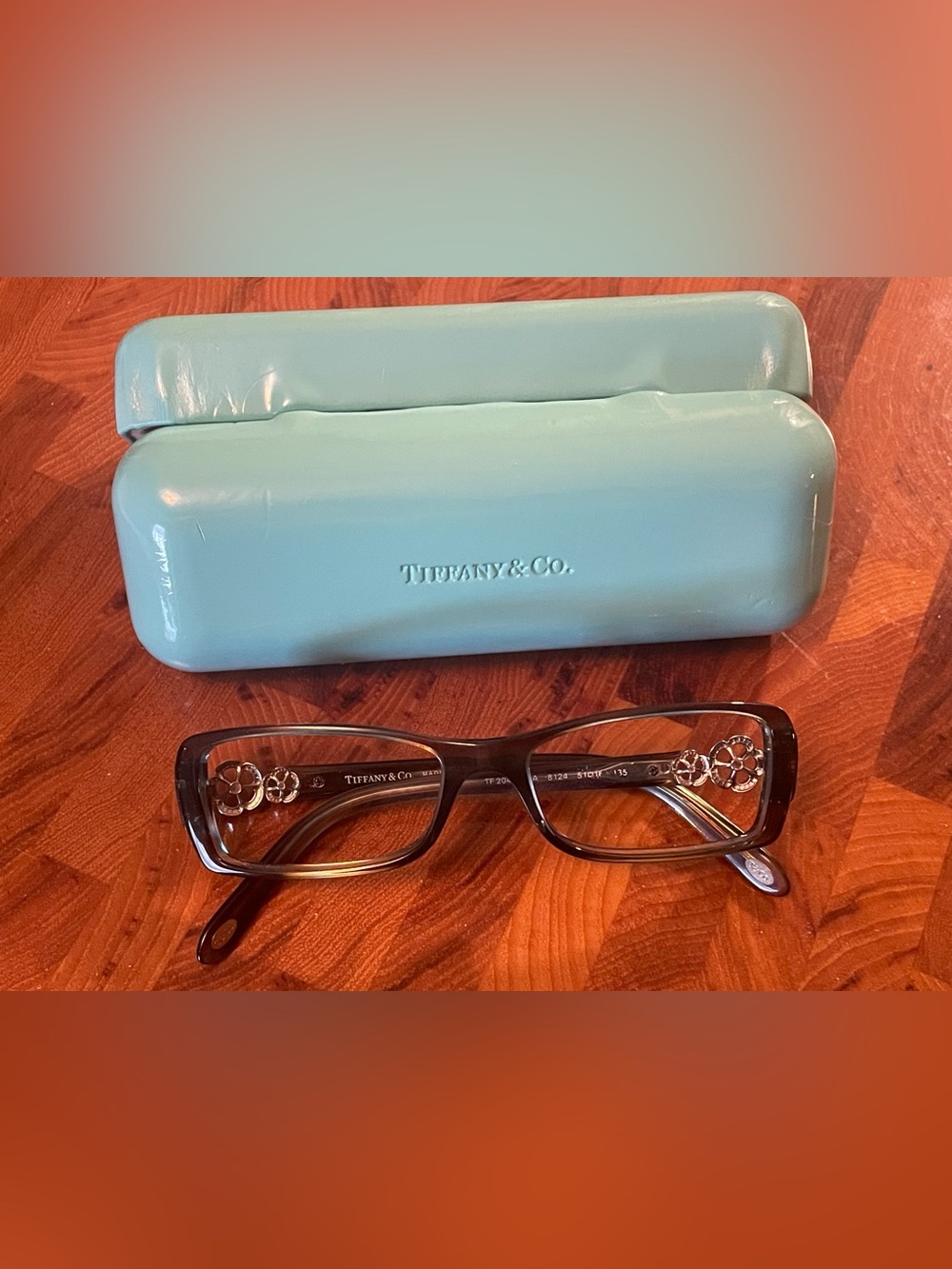 Vintage Tiffany & Co Eyeglass Frames. Plastic. Rectangular. Flower. Brown & Blue